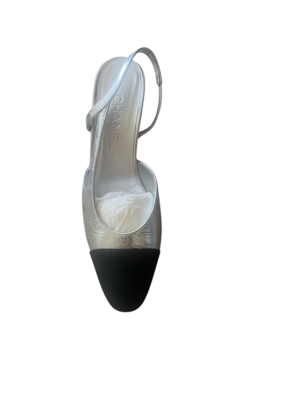 CHANEL Rare Silver Slingback Heels Cap Toe 39 Iconic Pumps Worn 3x - Picture 11 of 16